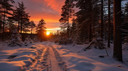 Snow-Covered Forest Path with Sunset - A Serene Nature Image