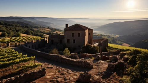 Sunset Over Stone Structures Amidst Vineyards in France