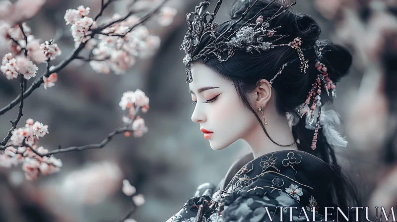 Serene Profile of Woman in Bloom AI Image