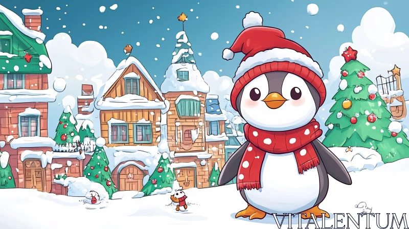 AI ART Cute Penguin in Snowy Village