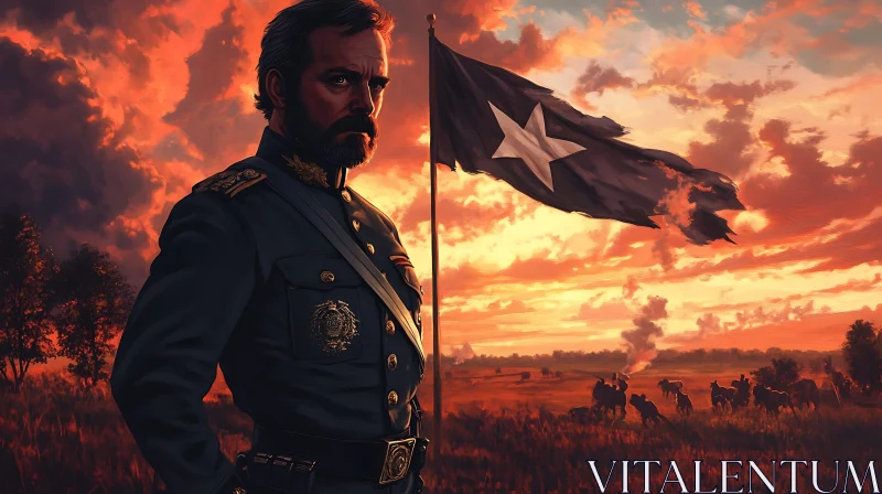 AI ART Man in Uniform with Flag at Sunset