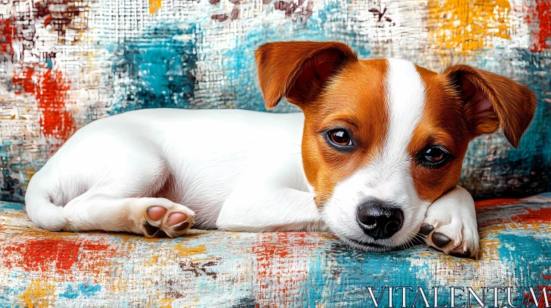 Cute Puppy Resting on Colorful Sofa AI Image