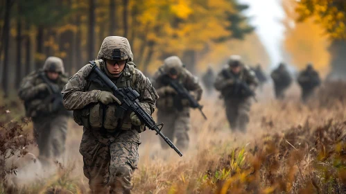 Army Soldiers Marching Through Field