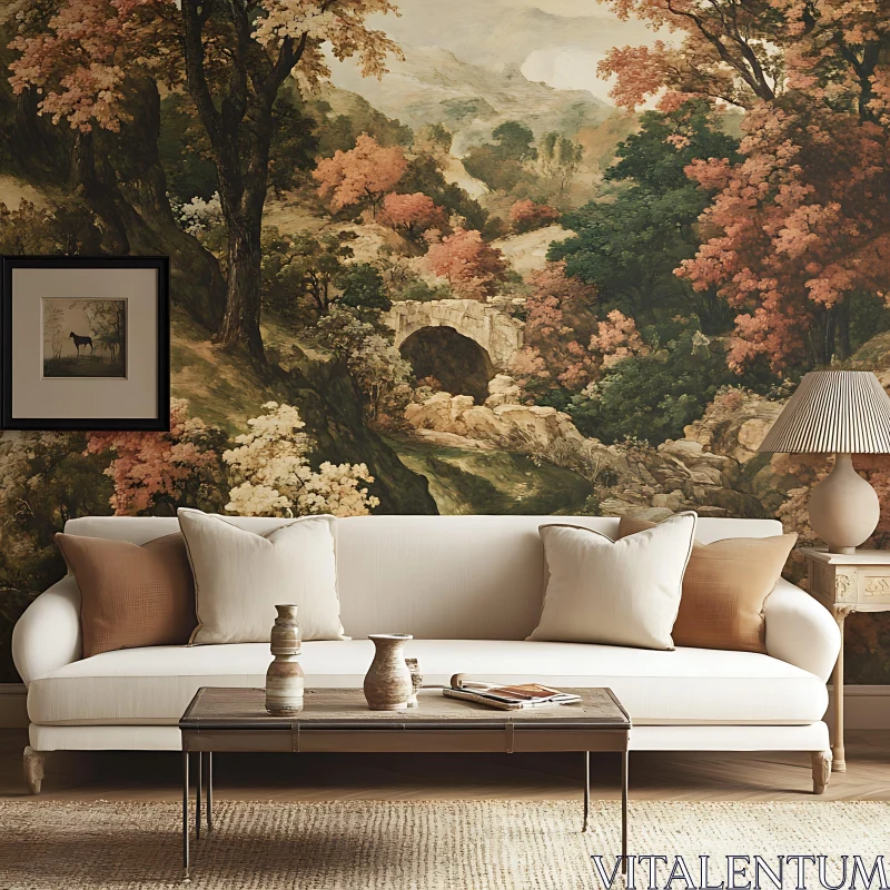 Living Room Decor with Landscape Mural AI Image