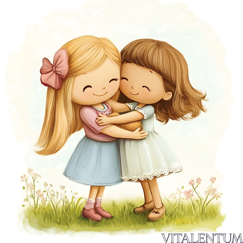 Cartoon Girls Hugging in a Field AI Image