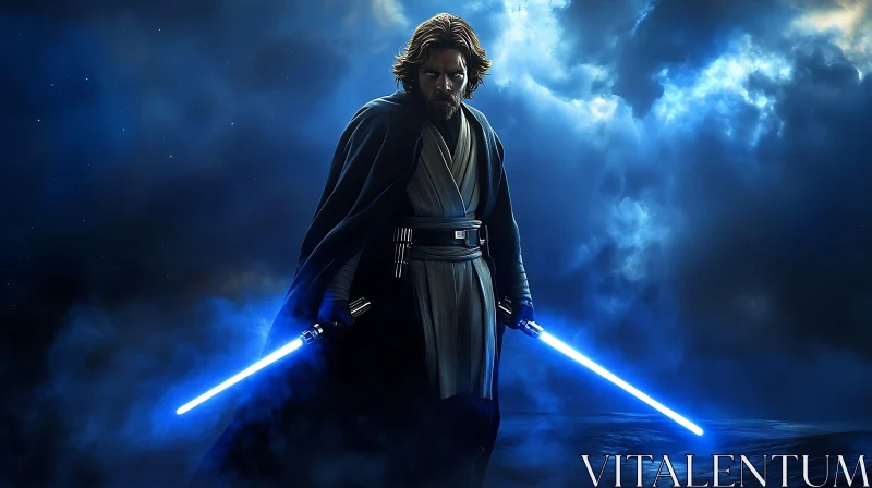 Man with Lightsabers in Cloudscape AI Image