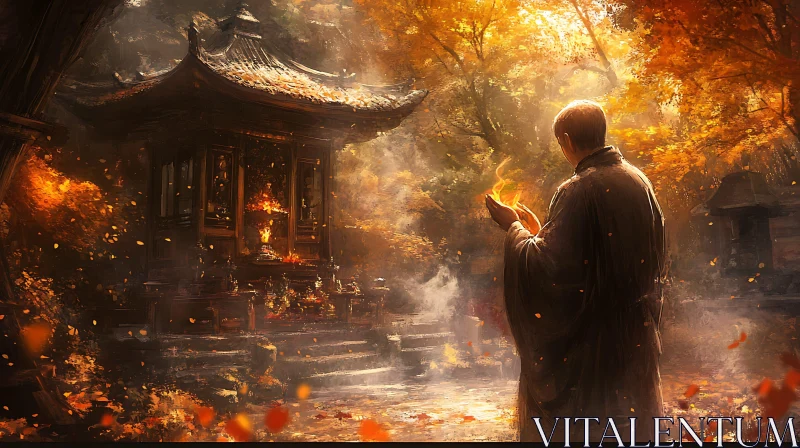 Serene Monk in Autumn Landscape AI Image