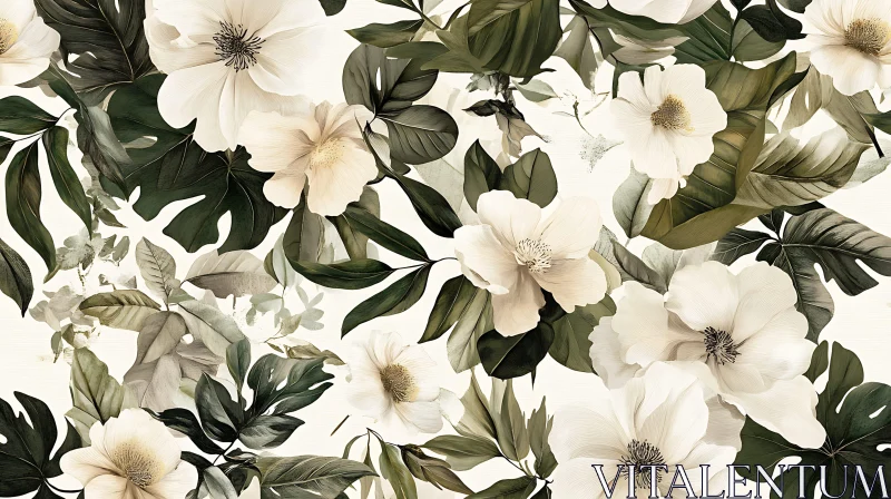 AI ART White Flowers and Green Leaves Pattern