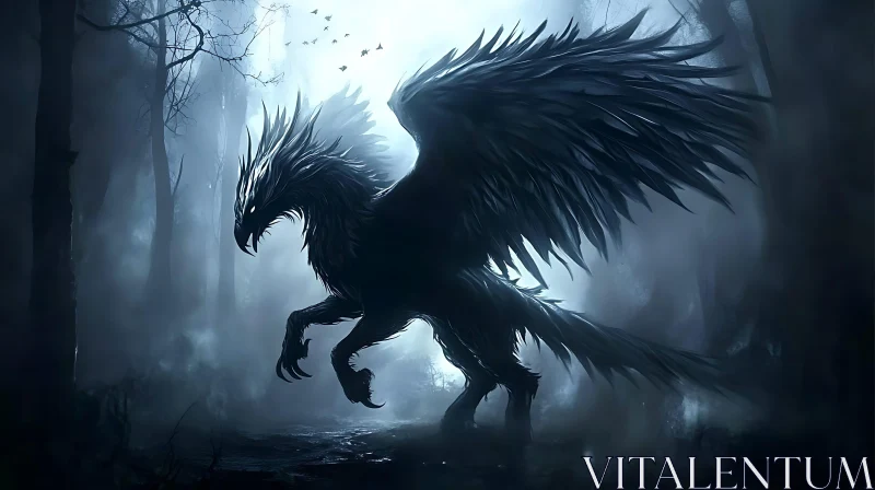 Dark Winged Monster in Forest AI Image