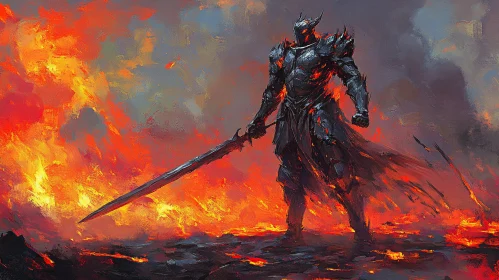 Armored Warrior in Blazing Landscape