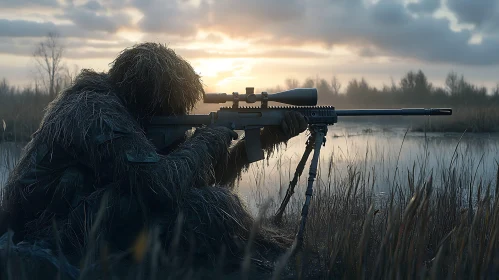 Camouflaged Sniper at Dusk