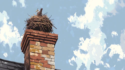 Bird Nesting on Brick Chimney