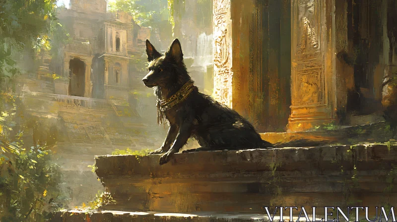 Dog with Golden Collar in Ancient Ruins AI Image