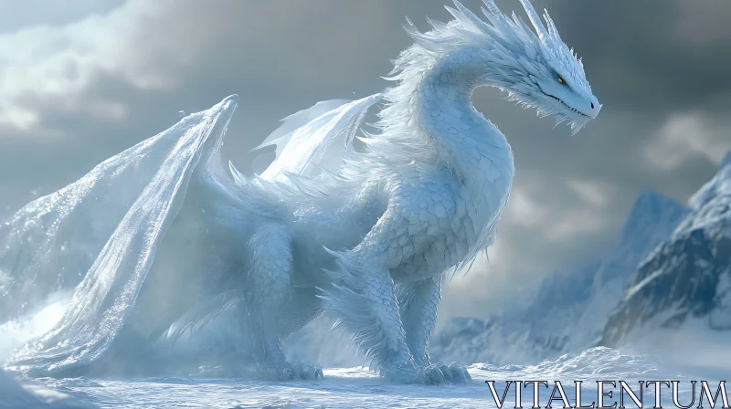 AI ART White Dragon on Snowy Peak