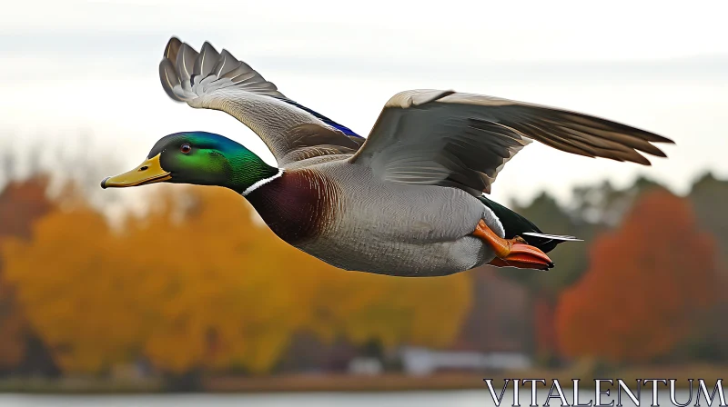 Flying Mallard Duck over Autumnal Trees AI Image