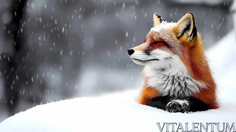 Tranquil Fox Amid Falling Snow AI Image