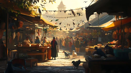 Busy Marketplace with Birds Flying Above