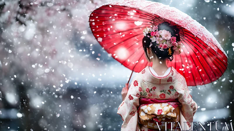 Woman in Kimono Under Falling Blossoms AI Image