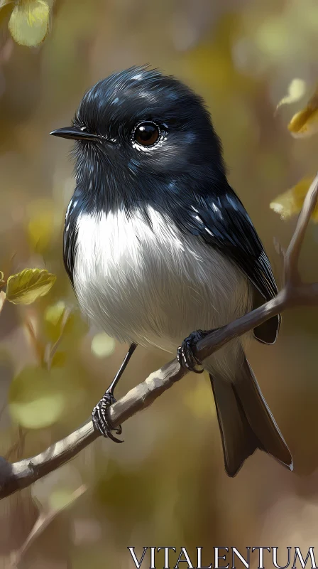 Black and White Bird Perched on Branch AI Image