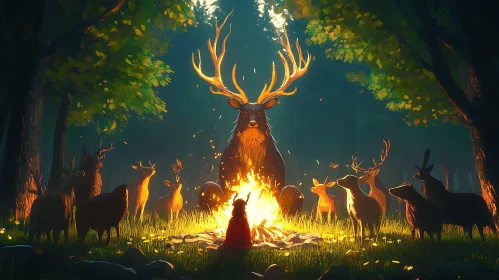 Forest Ritual with Deer and Fire