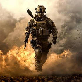 Soldier Amidst Fire and Smoke