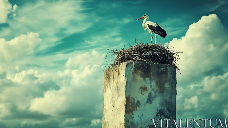 Stork Nest on a Stone Pillar AI Image