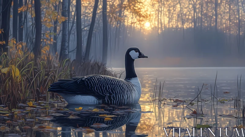 Tranquil Lake Scene with Goose at Dawn AI Image