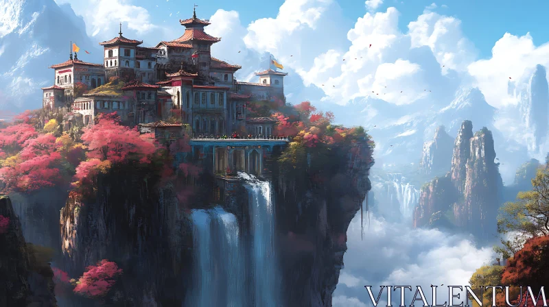 AI ART Mountain Castle with Cascading Waterfalls View