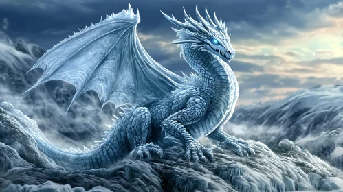 Fantasy Ice Dragon in Winter Landscape