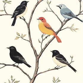 Five Birds on a Tree Branch