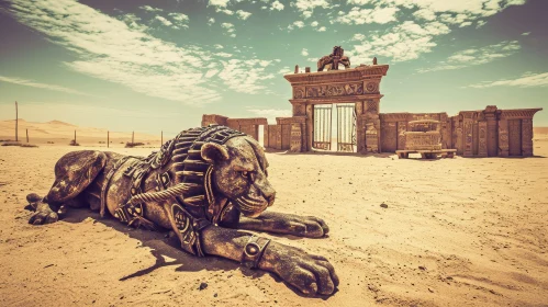 Ancient Egyptian Temple with Stone Lion
