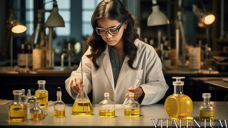 Asian-Inspired Meticulously Crafted Scene: Young Female Chemist and Glass of Oil AI Image