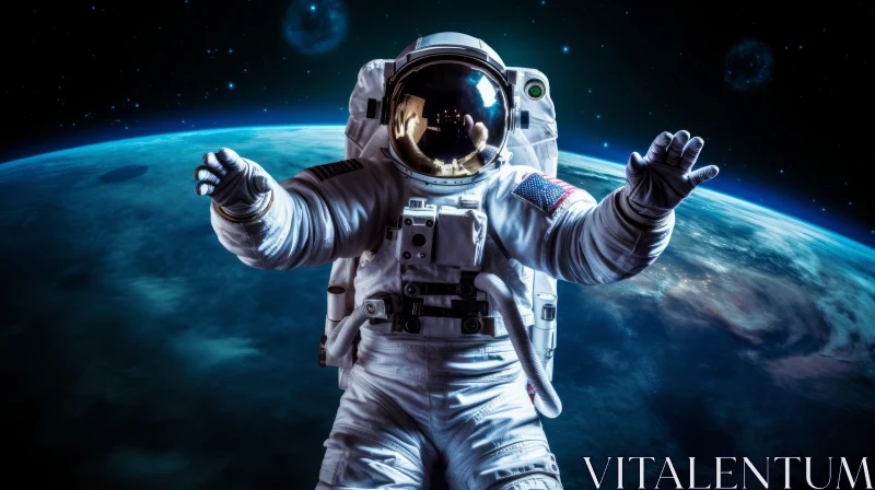 Astronaut with Arms Raised in Front of Earth - Celestialpunk Portrait AI Image