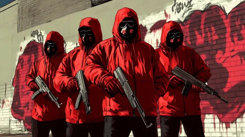 Squad in Red Hoods with Guns