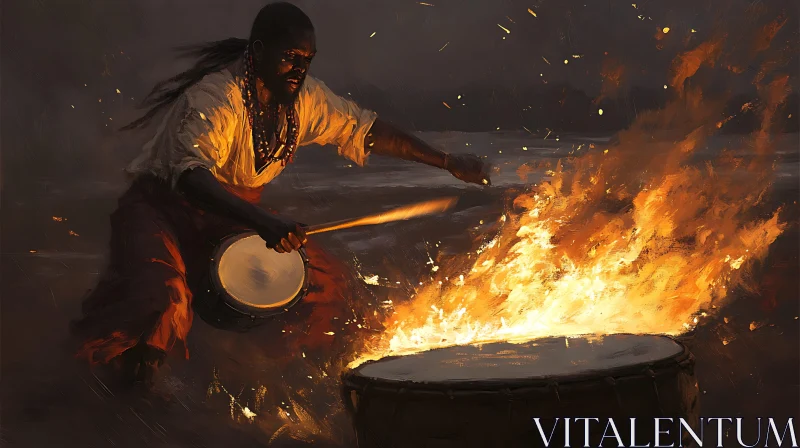 AI ART Man Playing Drums by Bonfire