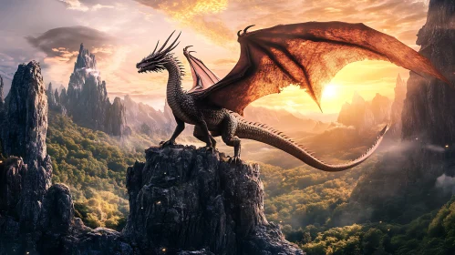 Dragon Overlooking Forest at Sunset
