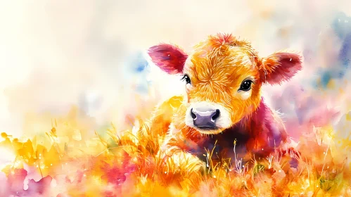 Artistic Watercolor Cow in a Field