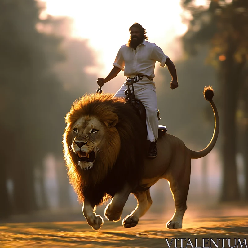 Man astride a lion in motion AI Image