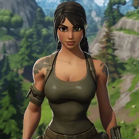 Cartoon Woman in Olive Green Top