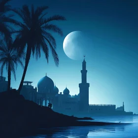 Night Cityscape with Mosque and Moon