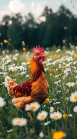 Rooster in Blooming Meadow