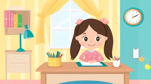 Illustration of a Girl Studying at Desk