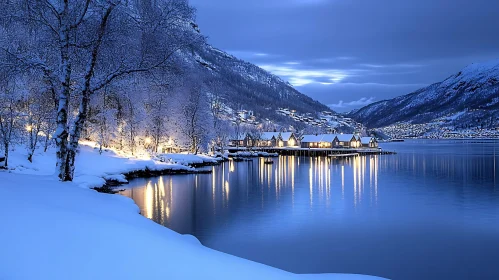 Twilight Winter Scene with Cozy Cabins