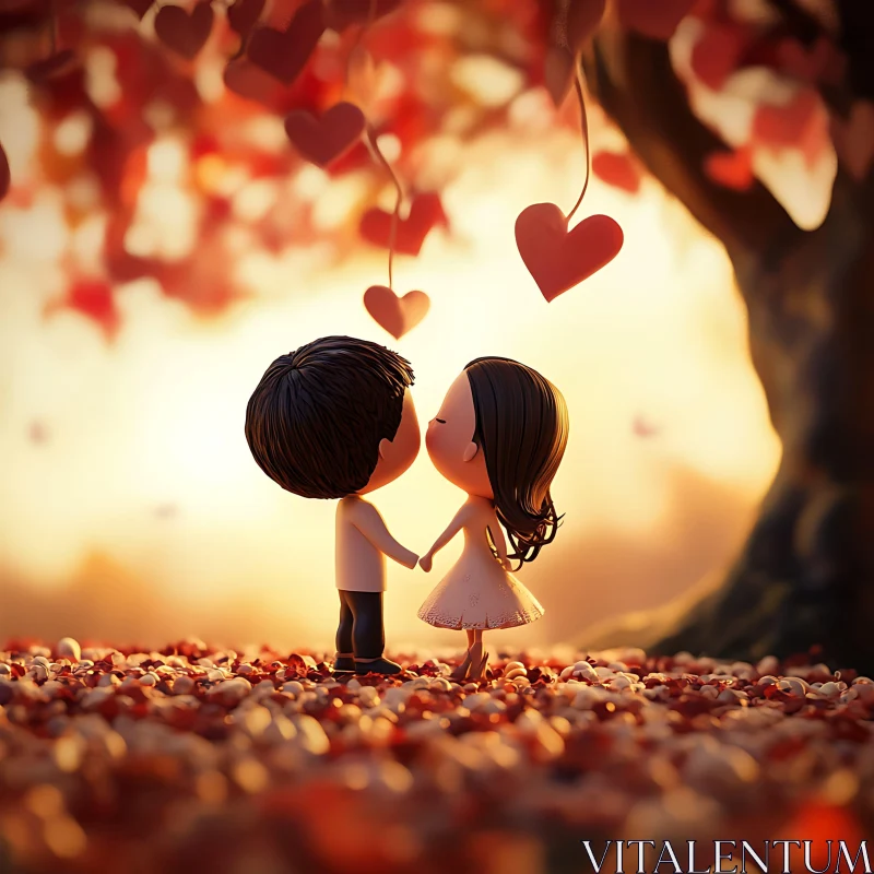 Romantic Cartoon Figures Under Heart Tree AI Image