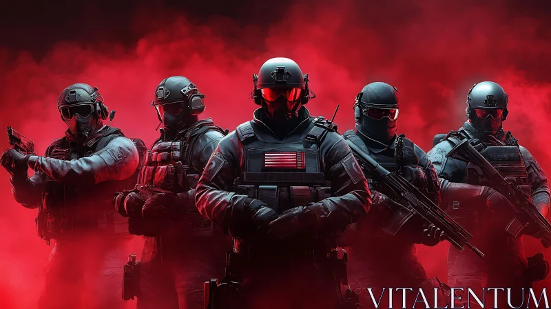 Tactical Squad in Red Haze AI Image