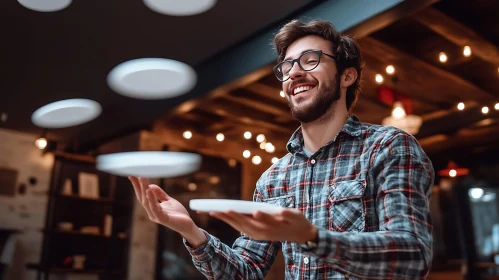 Man's Playful Plate Juggling Act