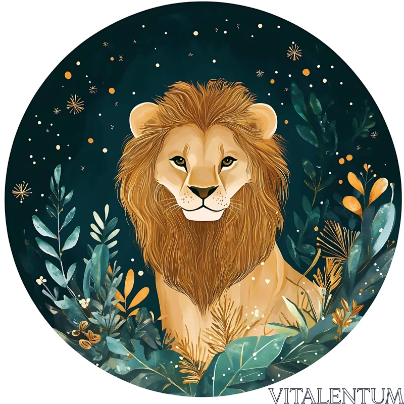 AI ART Regal Lion Among the Leaves