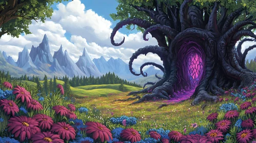 Enchanted Meadow with Mystical Tree Gate