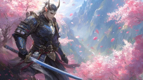 Fantasy Warrior with Sword in Floral Landscape