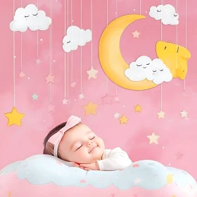 Baby sleeping among stars and clouds